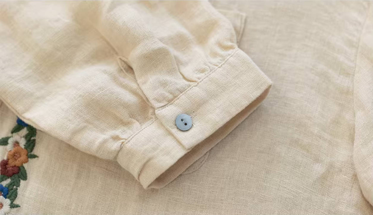 Spring Retro Linen Embroidered Thin Breathable Lapel Slim Shirt