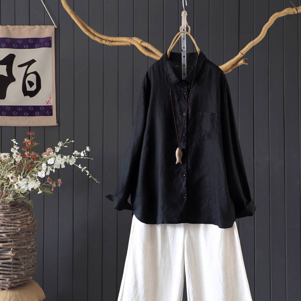 Autumn Linen Casual Singel-Breasted Loose Shirt With Pocket