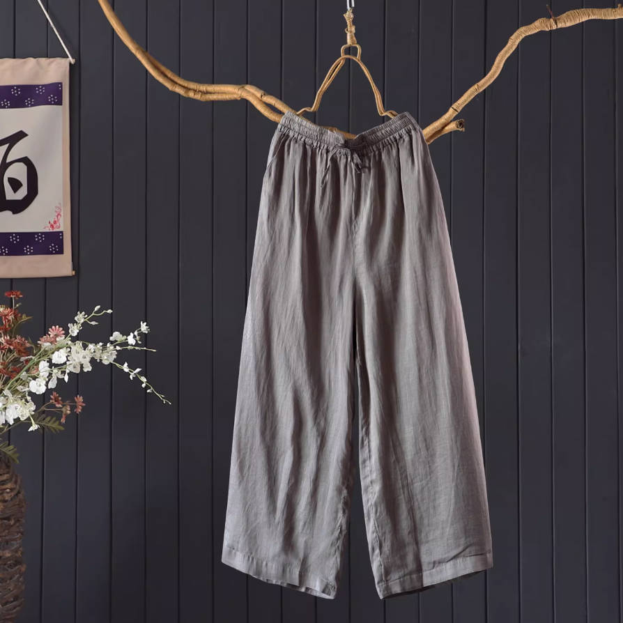 Summer Retro Ramie Think Breathable Elastic Waist Pocket Pants