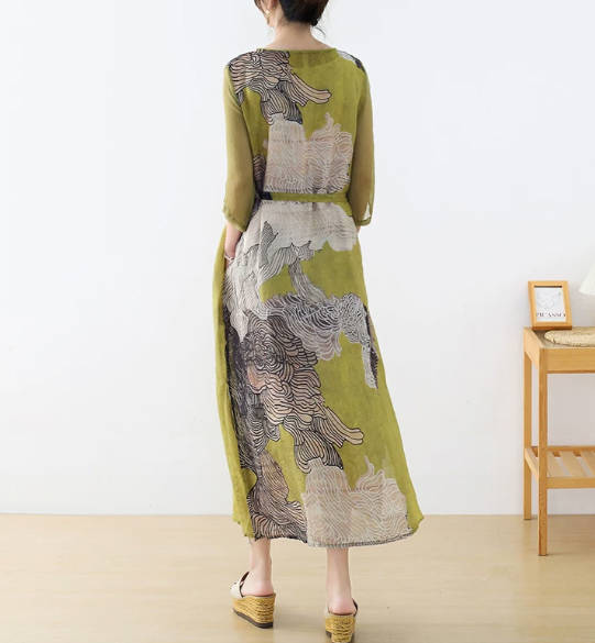 Vintage Elegant Pure Linen Ink Wash Print and Silk Splicing Dress