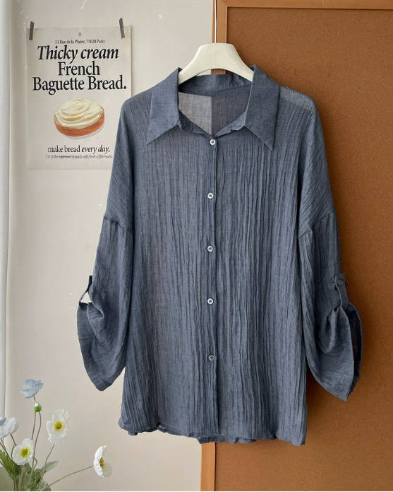 Summer Retro Linen Balloon Sleeve Vacation Style Sun Protection Blouses