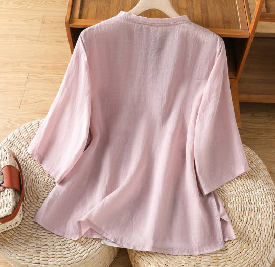 Vintage Embroidered Loose Linen V-Neck Mid Sleeve Top Shirt