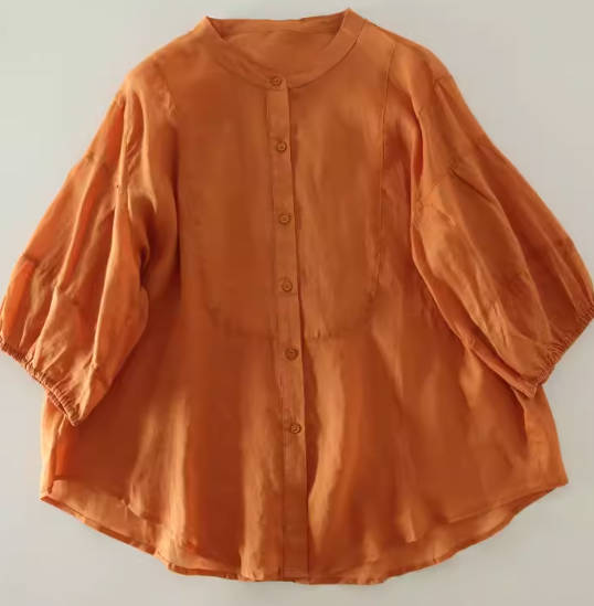 Spring Ramie Solid Color Short Sleeve Loose Fit Stand Collar Shirt