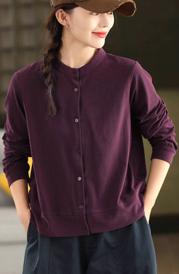 Retro Cotton Solid Color Single Breasted Round Neck Cardigans