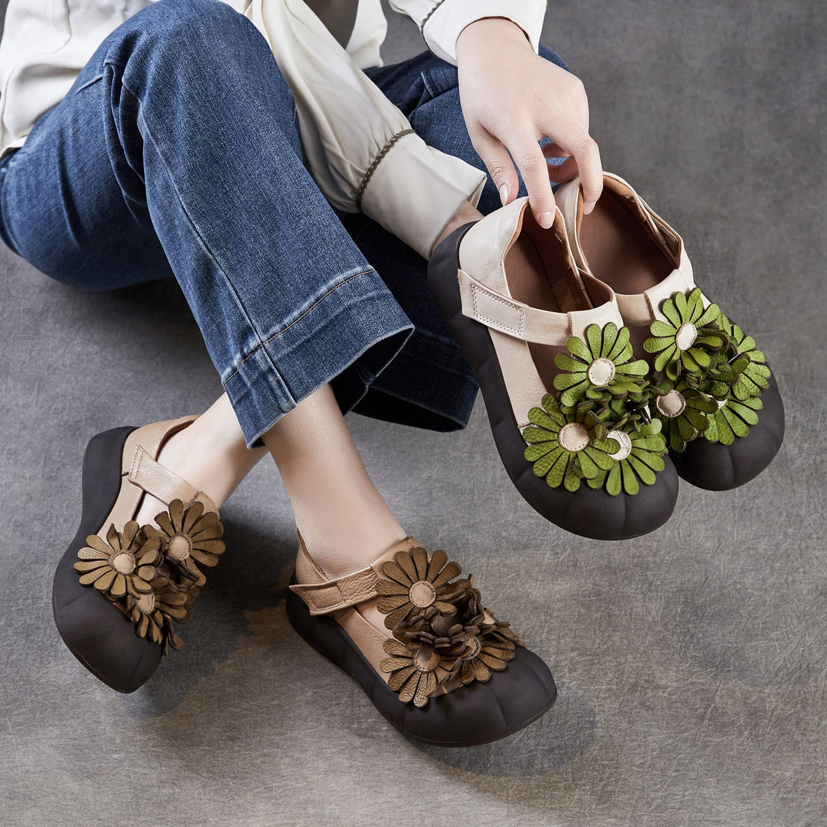 Genuine Leather Floral Rubber One Straped Velcro Thick Soft Sole Shoes