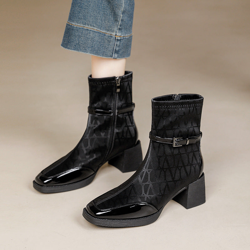 Top Leather Trendy Printed Patchwork Zipper High Heel Boots