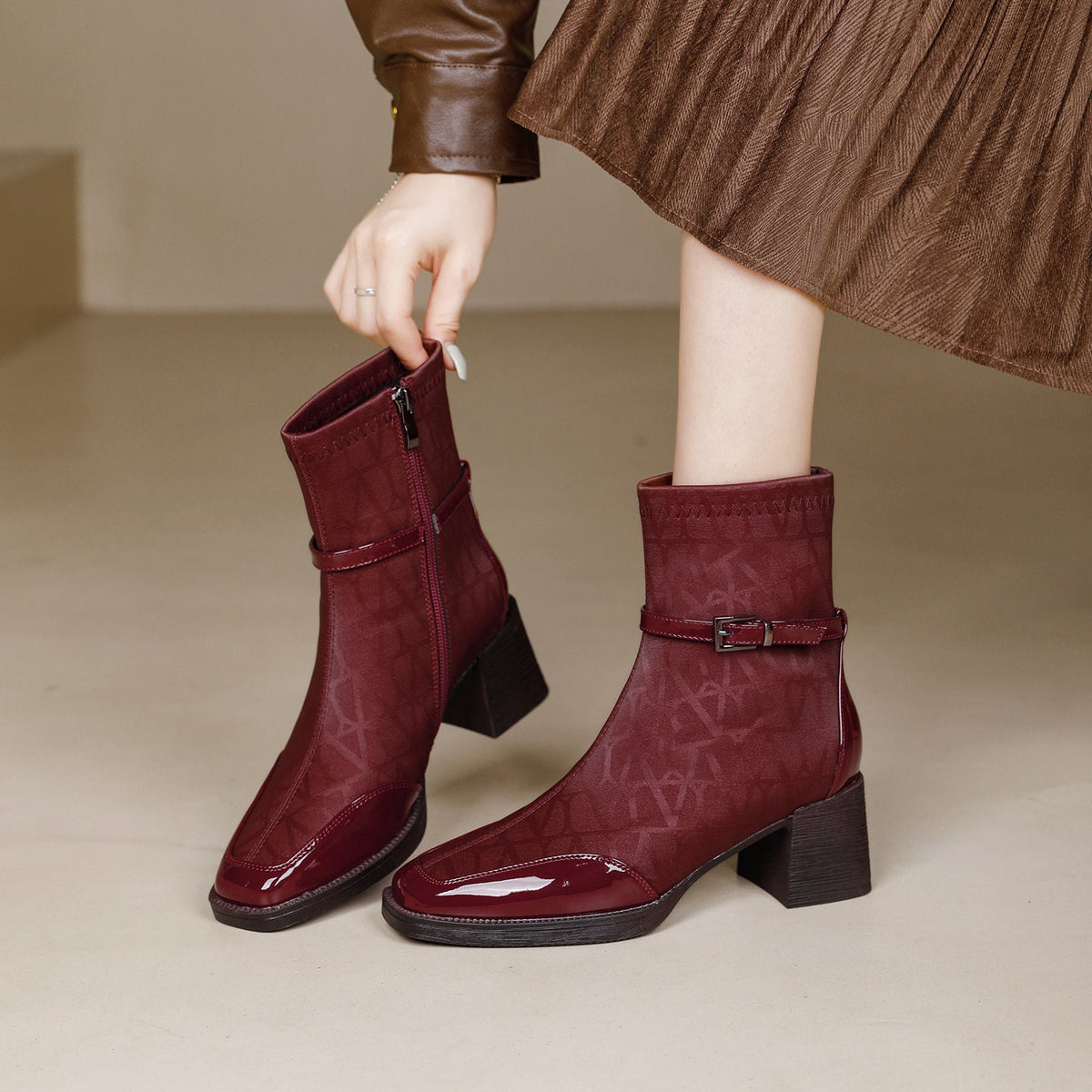 Top Leather Trendy Printed Patchwork Zipper High Heel Boots