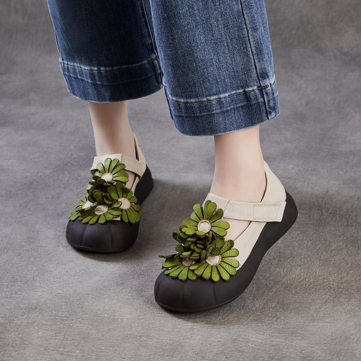 Genuine Leather Floral Rubber One Straped Velcro Thick Soft Sole Shoes