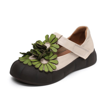 Genuine Leather Floral Rubber One Straped Velcro Thick Soft Sole Shoes