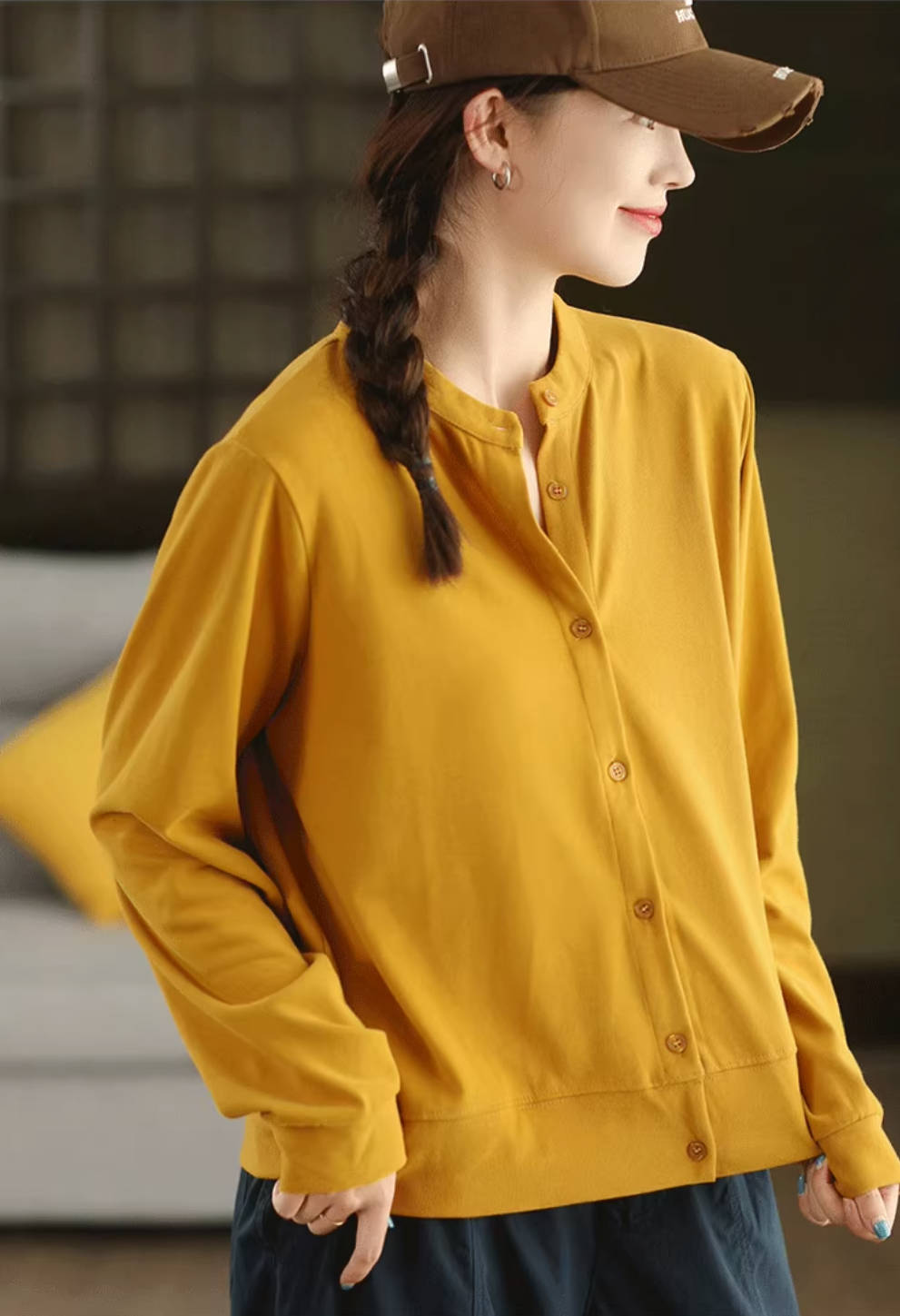 Retro Cotton Solid Color Single Breasted Round Neck Cardigans