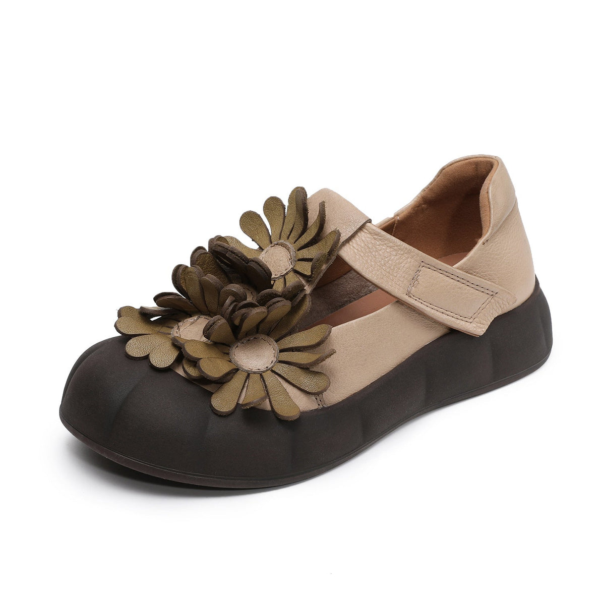 Genuine Leather Floral Rubber One Straped Velcro Thick Soft Sole Shoes