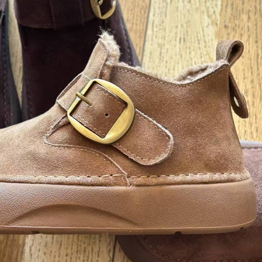 Winter Leather Sueded Wide Toe Fleece-Lined Platform Ankle Boots