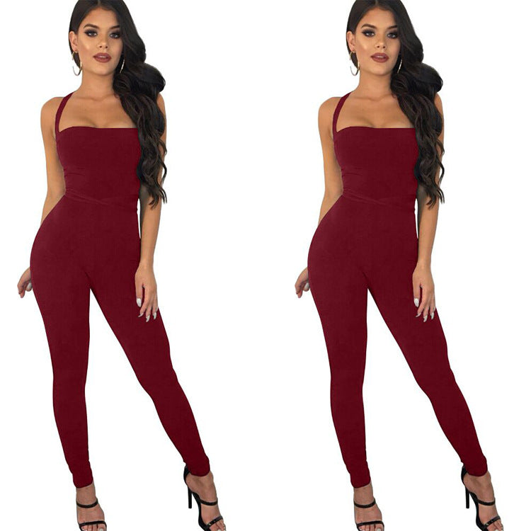 CANDY COLOR SPAGHETTI STRAPS LONG BACKLESS JUMPSUIT