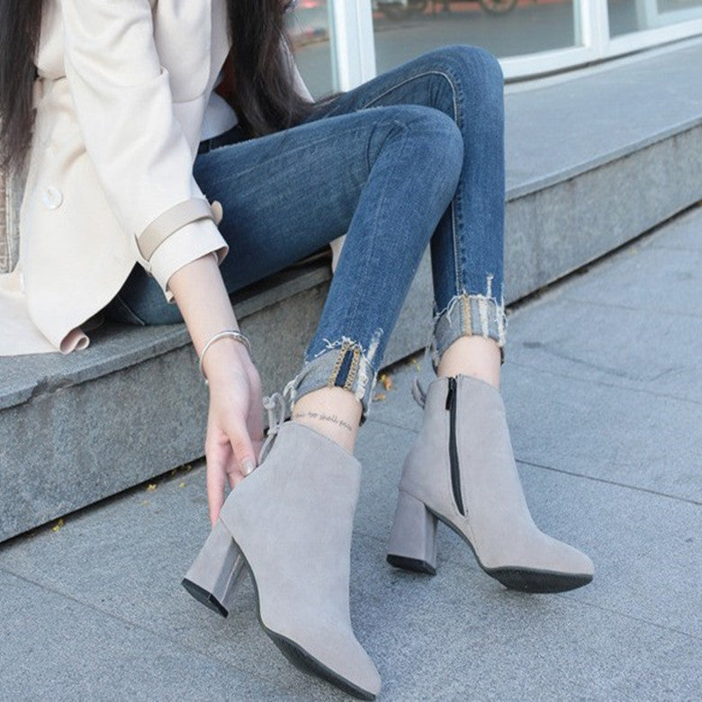 CHUNKY HEEL POINTED TOE SHORT BOOTS FOR WOMEN GRAY-CN37