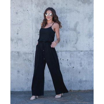 HIGH WAIST LOOSE SPAGHETTI STRAP PURE COLOR LONG WIDE-LEG JUMPSUITS
