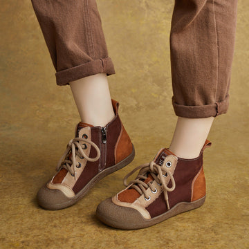 Top Leather Patchwork Round Toe Lace-Up Zipper Ankle Boots