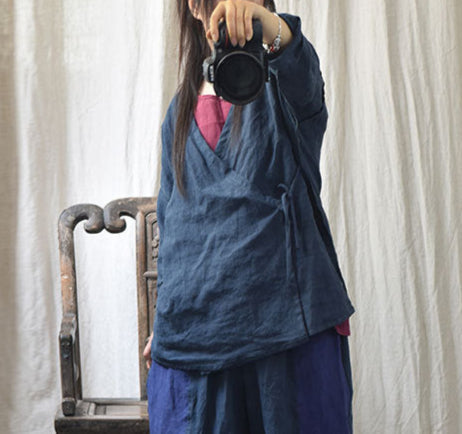 Ladies Spring Lightweight Vintage Lace-Up Linen Jacket