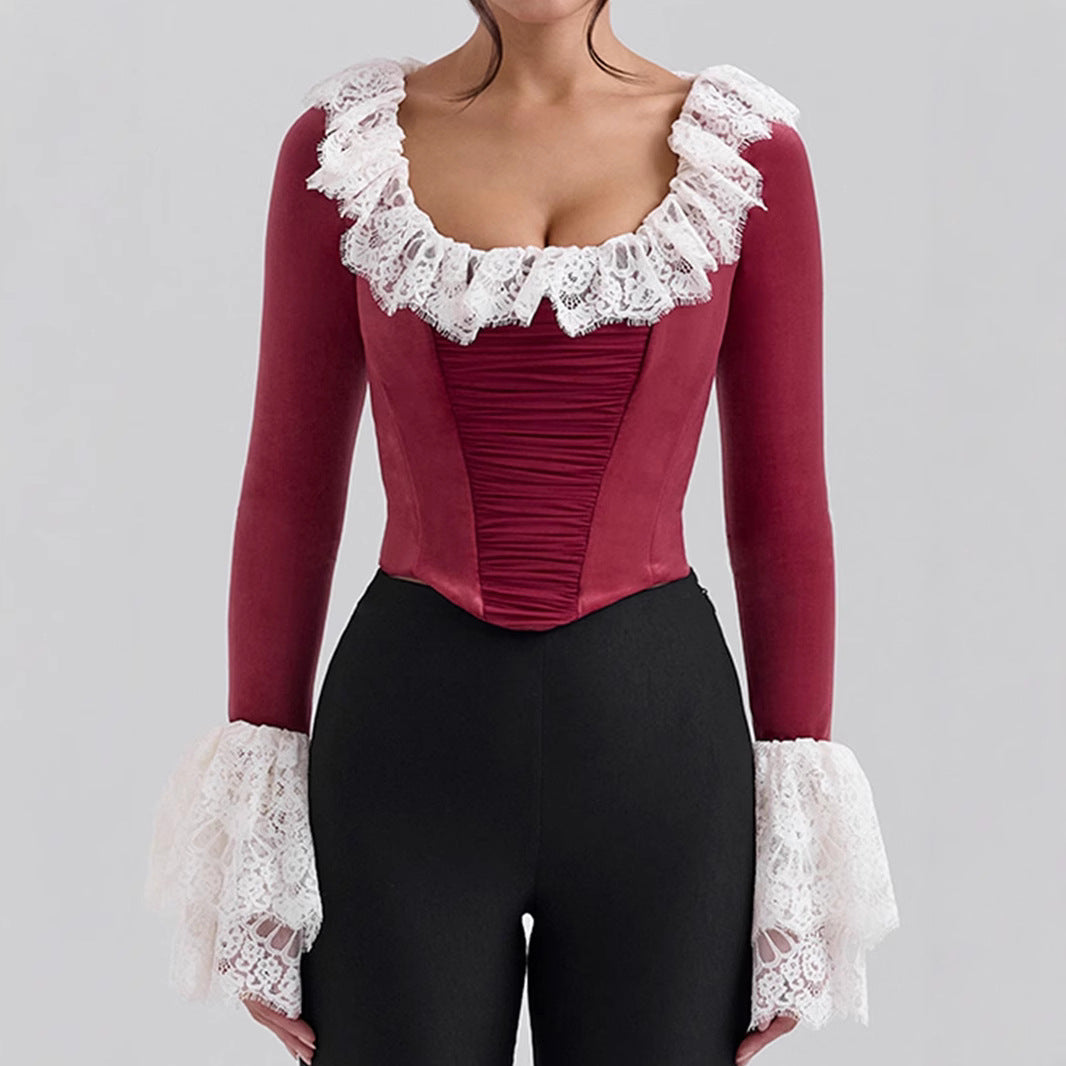 Christmas Velvet Lace Trim Flare Sleeve Square Neck Women's Top
