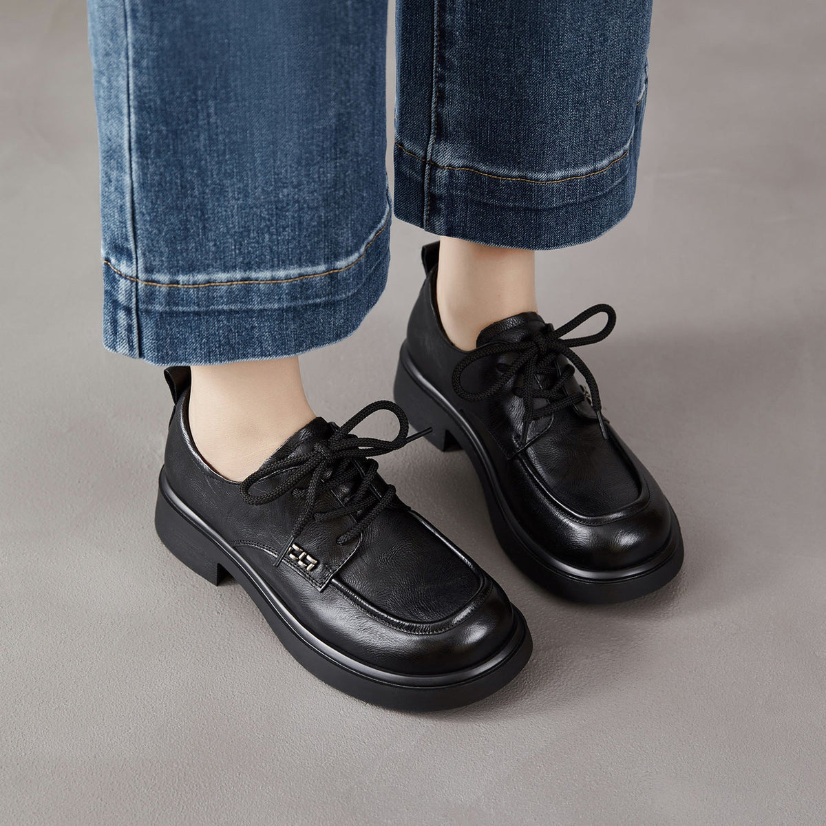 Spring Genuine Leather Retro Versatile Lace-Up Soft Sole Flat Shoes