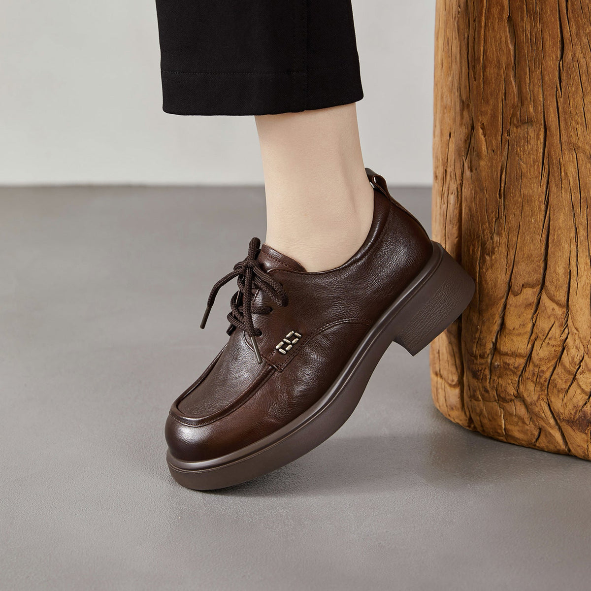 Spring Genuine Leather Retro Versatile Lace-Up Soft Sole Flat Shoes