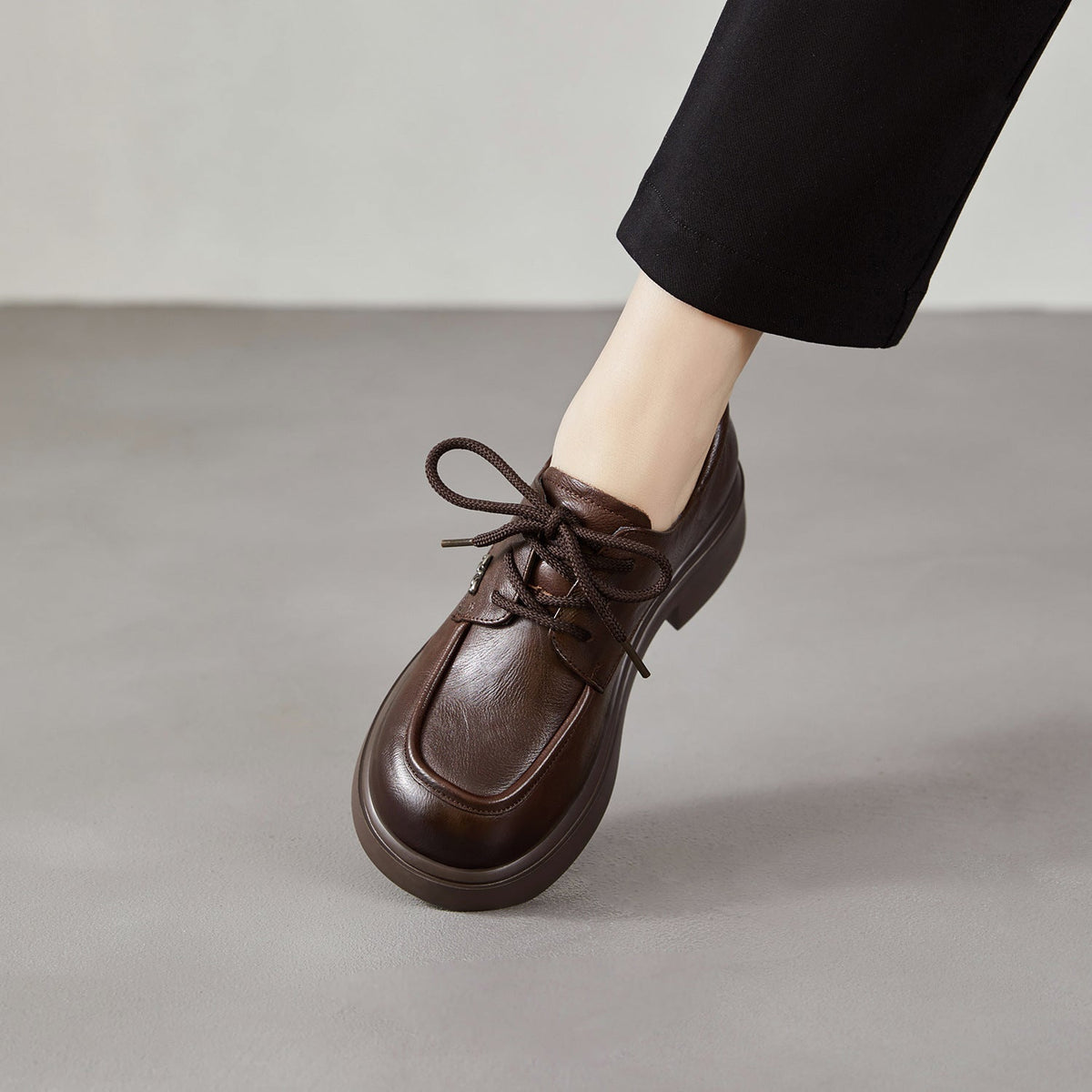 Spring Genuine Leather Retro Versatile Lace-Up Soft Sole Flat Shoes
