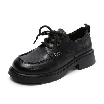 Spring Genuine Leather Retro Versatile Lace-Up Soft Sole Flat Shoes
