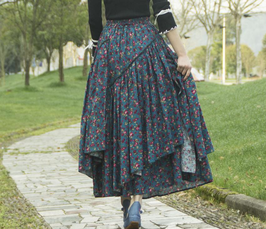 Vintage Floral Printed Ruffled Asymmetric Skirt