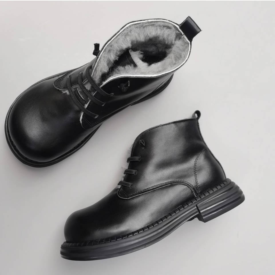 Genuine Leather Round Wide Toe Wool-In Warm Elastic Slip-On Boots