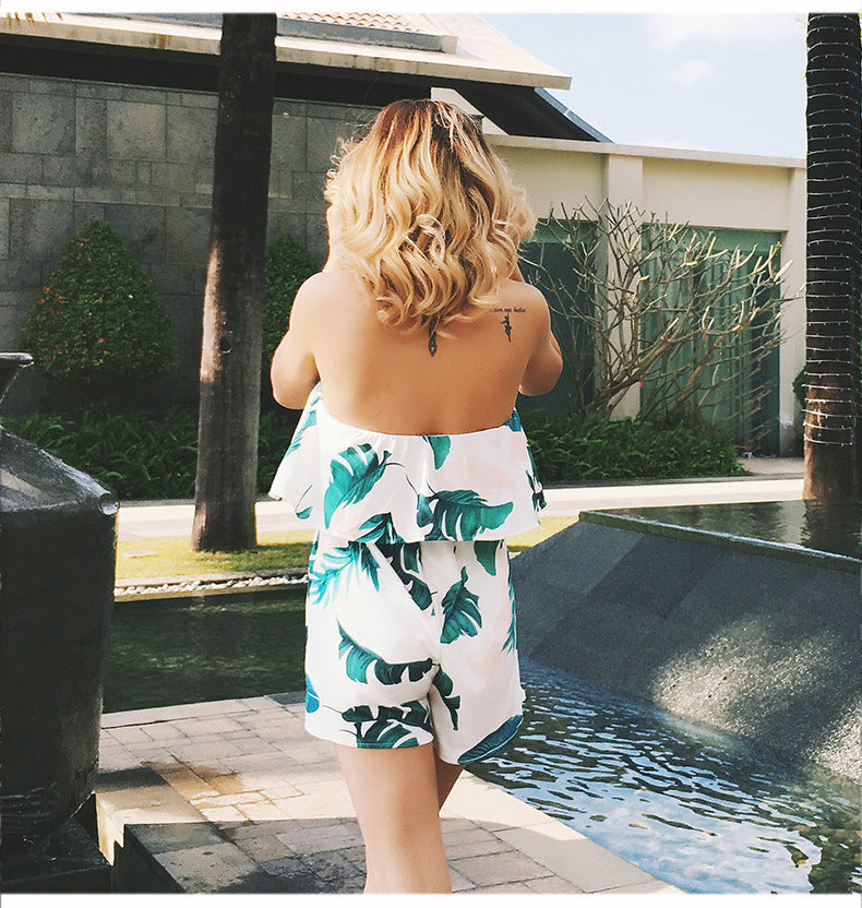 OFF SHOULDER STRAPLESS STRIPED SHORT JUMPSUIT