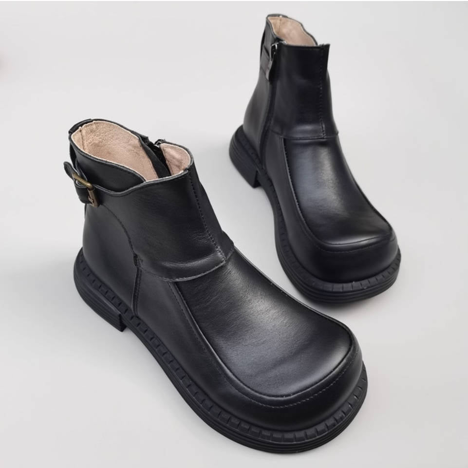 Women Autumn Genuine Leather Wide Toe Soft Sole Zipper Boots