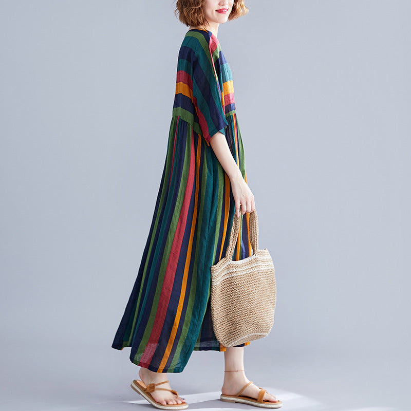 Women Retro Cotton Linen Striped Patchwork Round Neck Dress