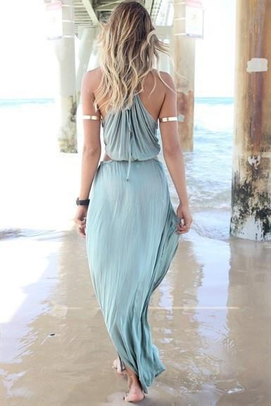 CHIFFON SLEEVELESS PURE COLOR IRREGULAR SPAGHETTI STRAP LONG DRESS