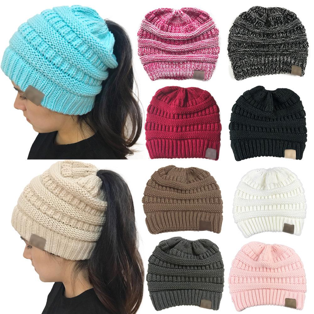 WOMEN'S WINTER OUTDOOR WARM WOOL HAT EMPTY TOP HORSETAIL KNITTED HAT