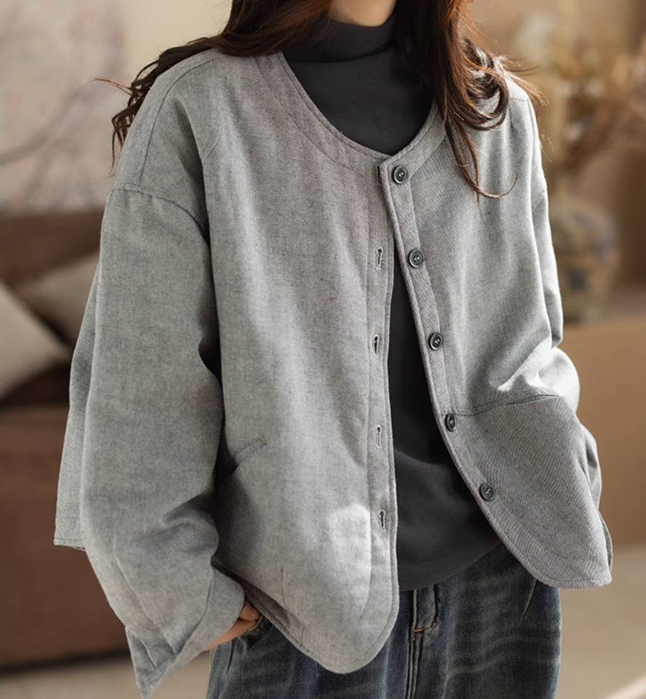 Winter Warm Cotton Wool Round Neck Single-Breasted Loose Coat
