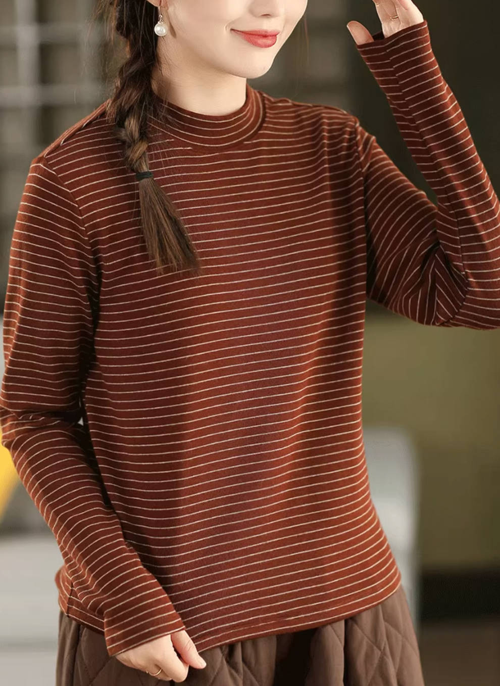 Retro Cotton Thin Striped High Neck Long Sleeves Overshirt