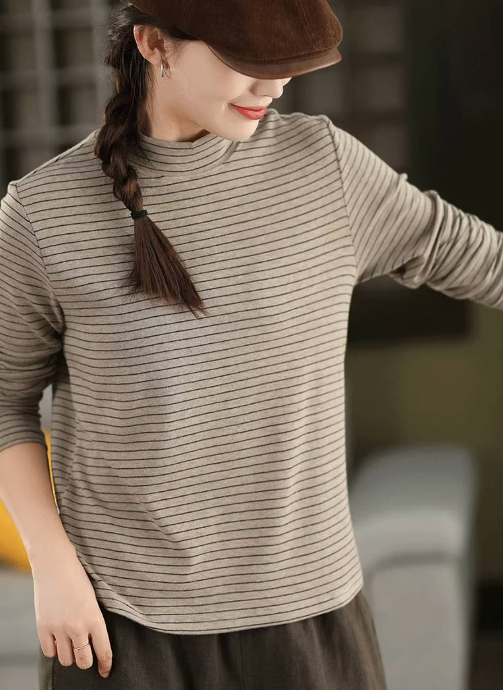 Retro Cotton Thin Striped High Neck Long Sleeves Overshirt