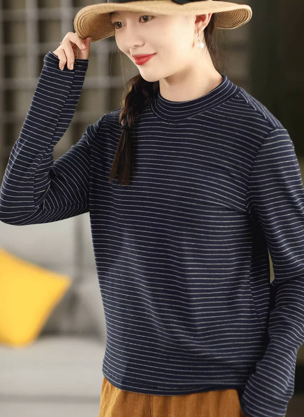 Retro Cotton Thin Striped High Neck Long Sleeves Overshirt