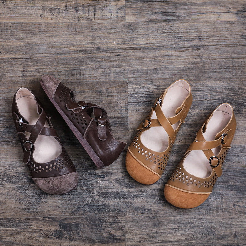 Women's Retro Hollow Handmade Genuine Leather Flat Sandals
