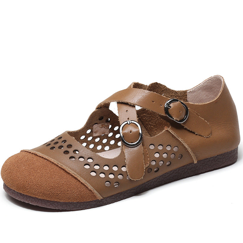 Women's Retro Hollow Handmade Genuine Leather Flat Sandals