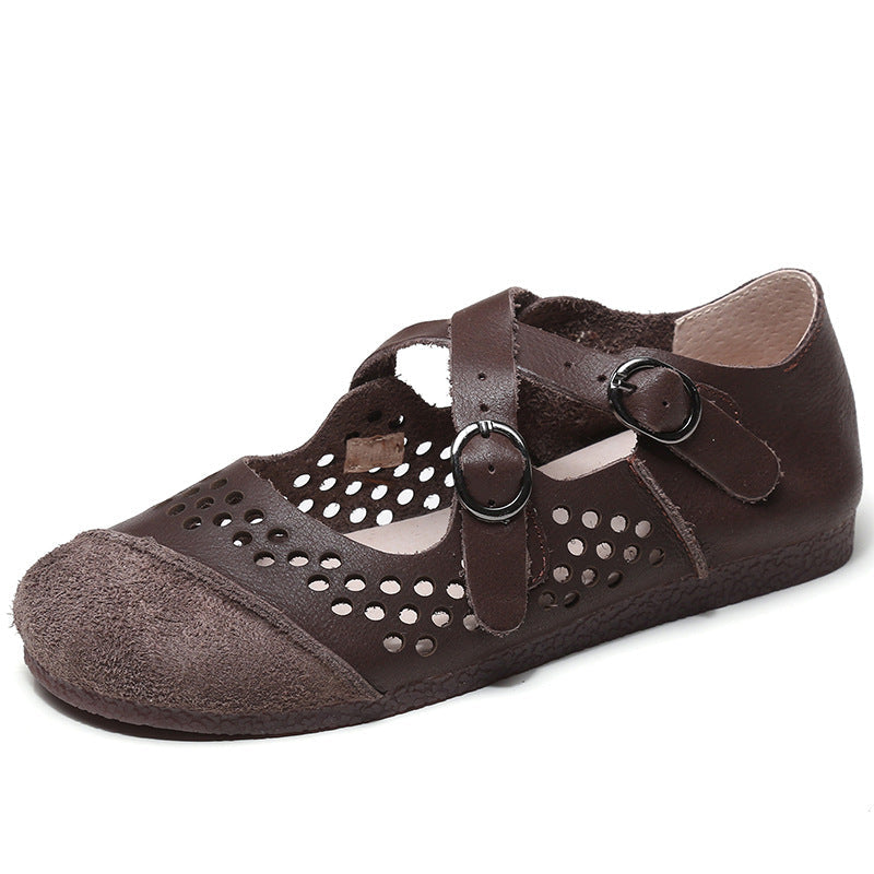 Women's Retro Hollow Handmade Genuine Leather Flat Sandals