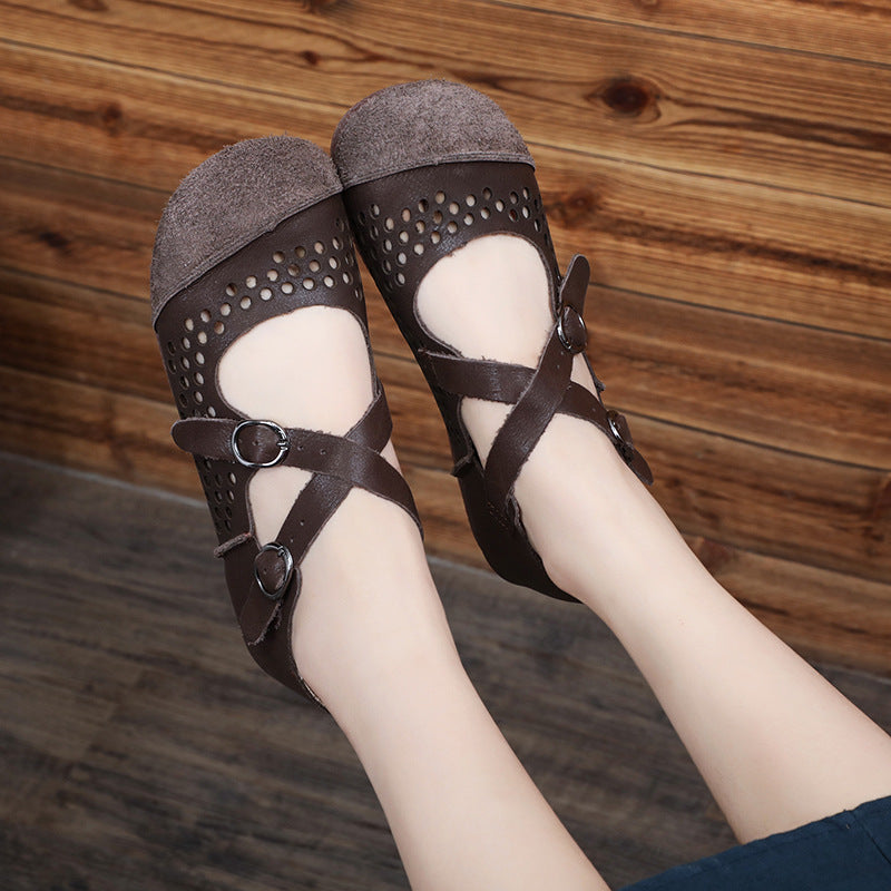 Women's Retro Hollow Handmade Genuine Leather Flat Sandals