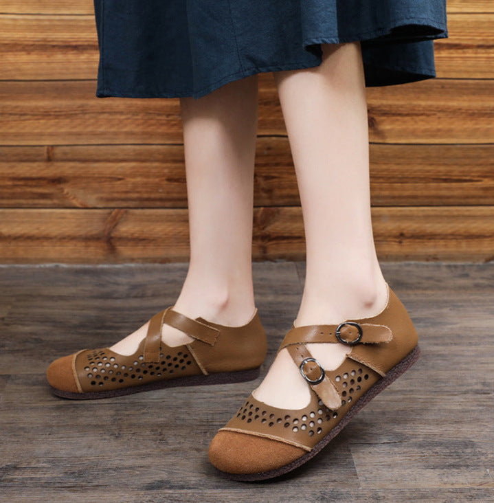 Women's Retro Hollow Handmade Genuine Leather Flat Sandals