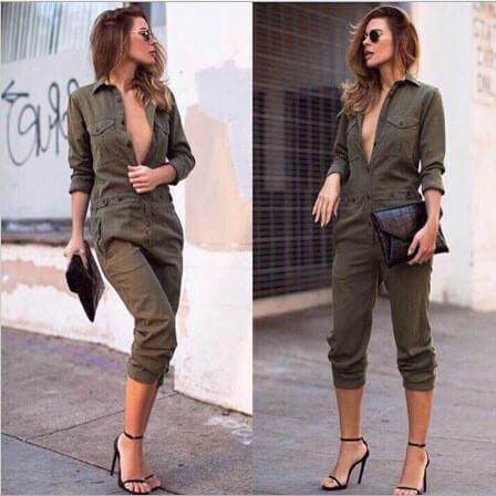 PURE COLOR BUTTON V-NECK LONG SLEEVES KNEE-LENGTH JUMPSUIT