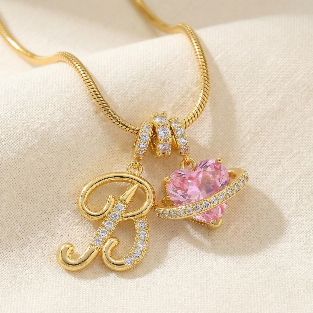 3-Layer Initial Necklace with Pink Heart Zircon