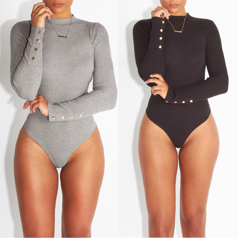 FASHION KNIT HIGH NECK BUTTON DECORATE BODYSUIT