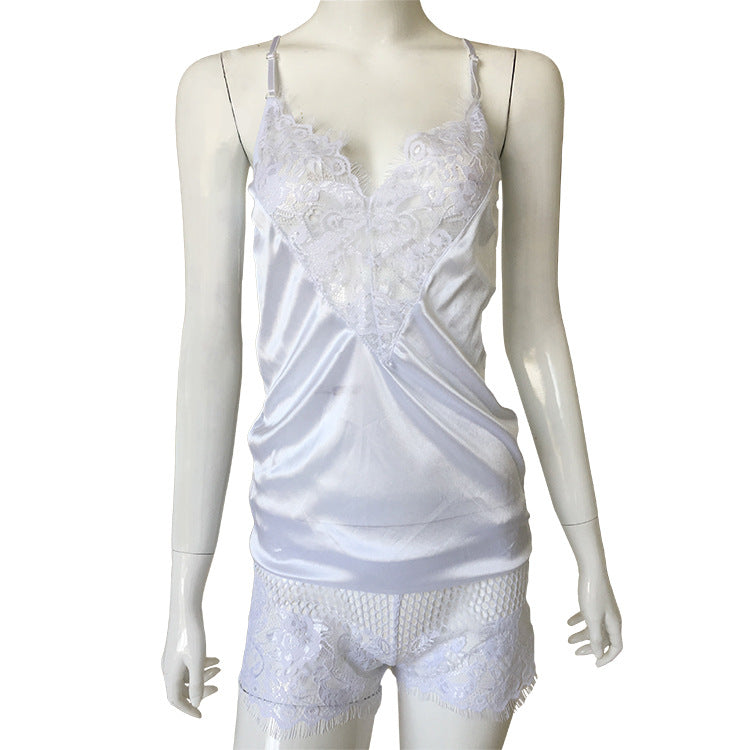 SPAGHETTI STRAPS DEEP V-NEDCK LACE PATCHWORK SHORT JUMPSUIT