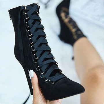 HOLLOW OUT LACE UP POINTED TOE STILETTO HIGH HEELS SHORT BOOTS SHOES