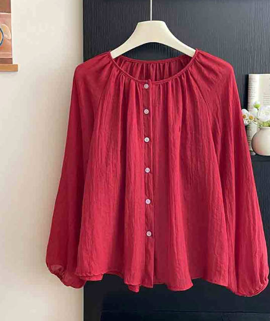 Women Summer Cotton Linen Loose Solid Color Round Neck Blouses