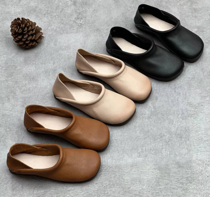 Retro Genuine Leather Square Toe Flat Sole Slip-On