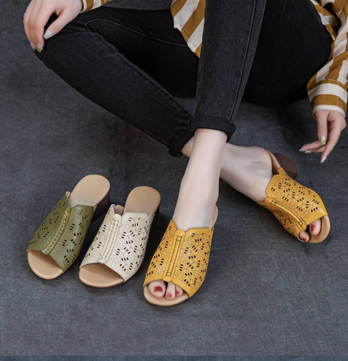 Vintage Genuine Leather Open Toe Fish Mouth Hollow Out Soft Sandals
